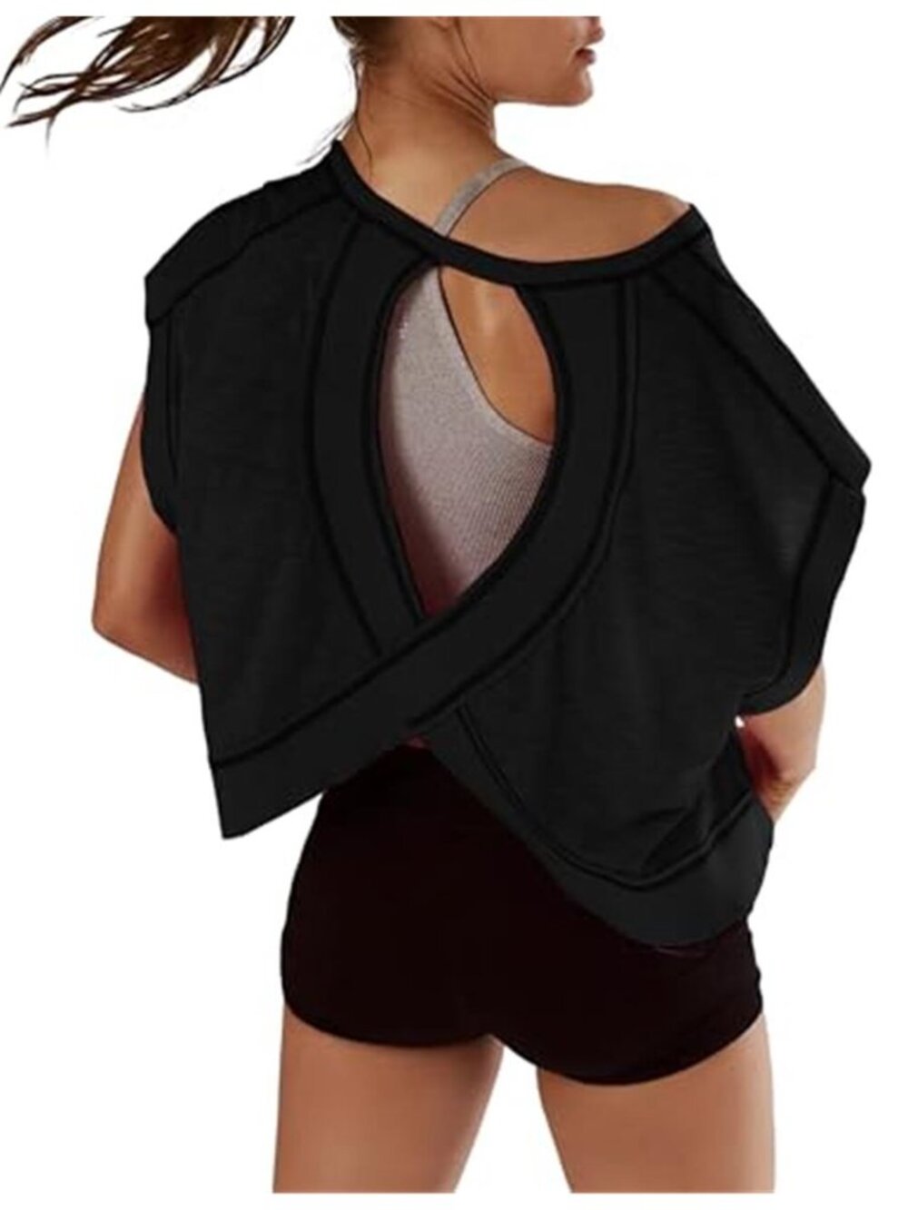 Women’s Open Back Workout Top – Short Sleeve Cropped Activewear Tee